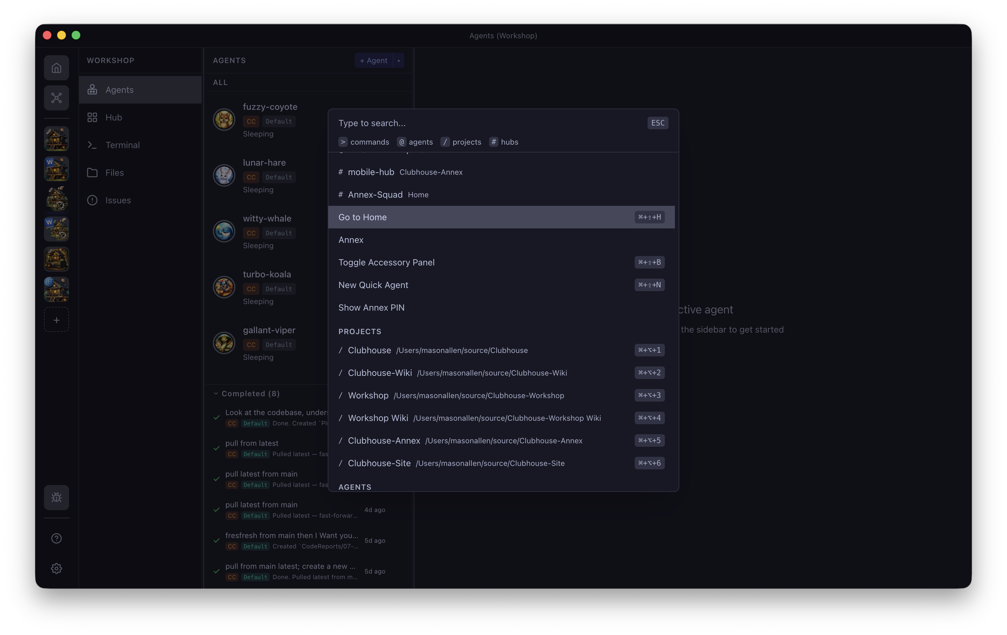 Command Palette — quick navigation across projects and commands