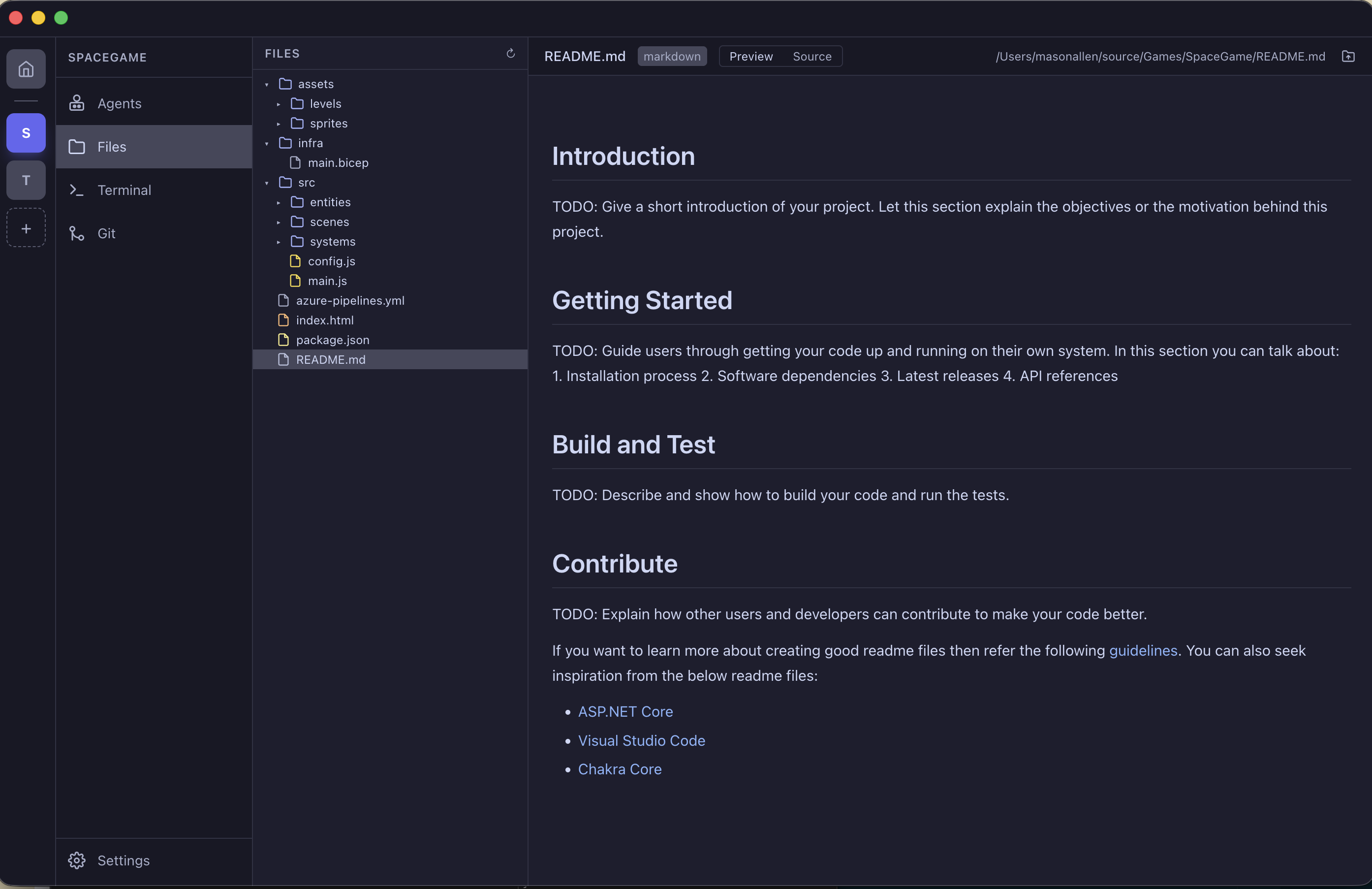Settings, terminal, file browser